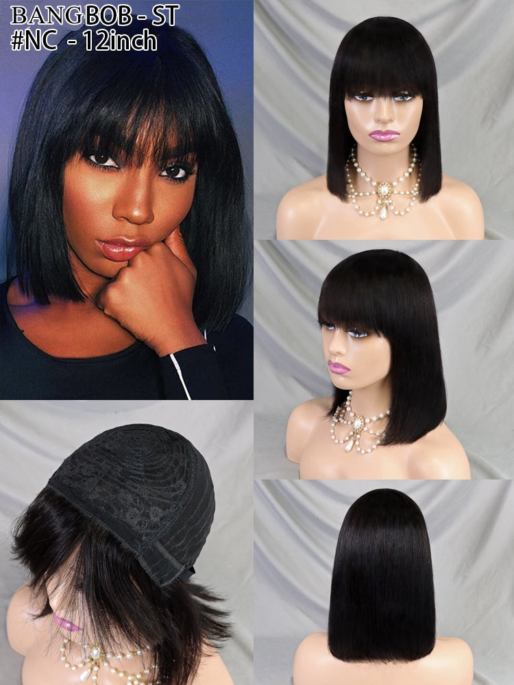 100% Virgin Human Hair 12inch Straight Bob Wigs With Bang