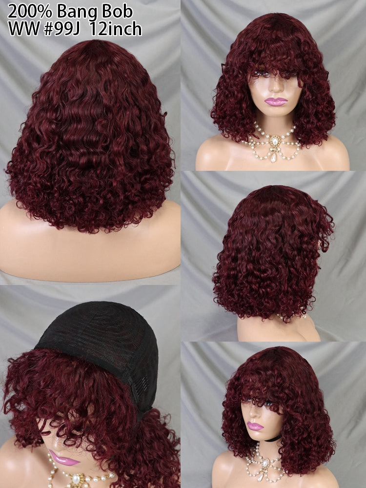 99J Glueless Lace Short Bob Real Hair Wigs With Bang