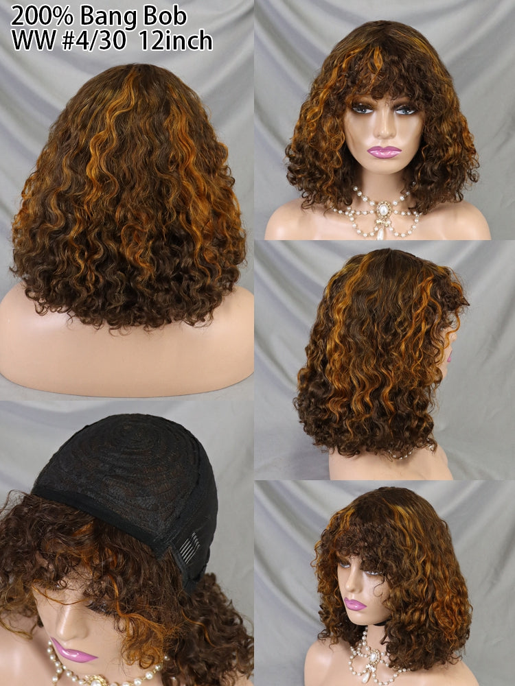 4/30# Glueless Lace Short Bob Human Hair Wig With Bang