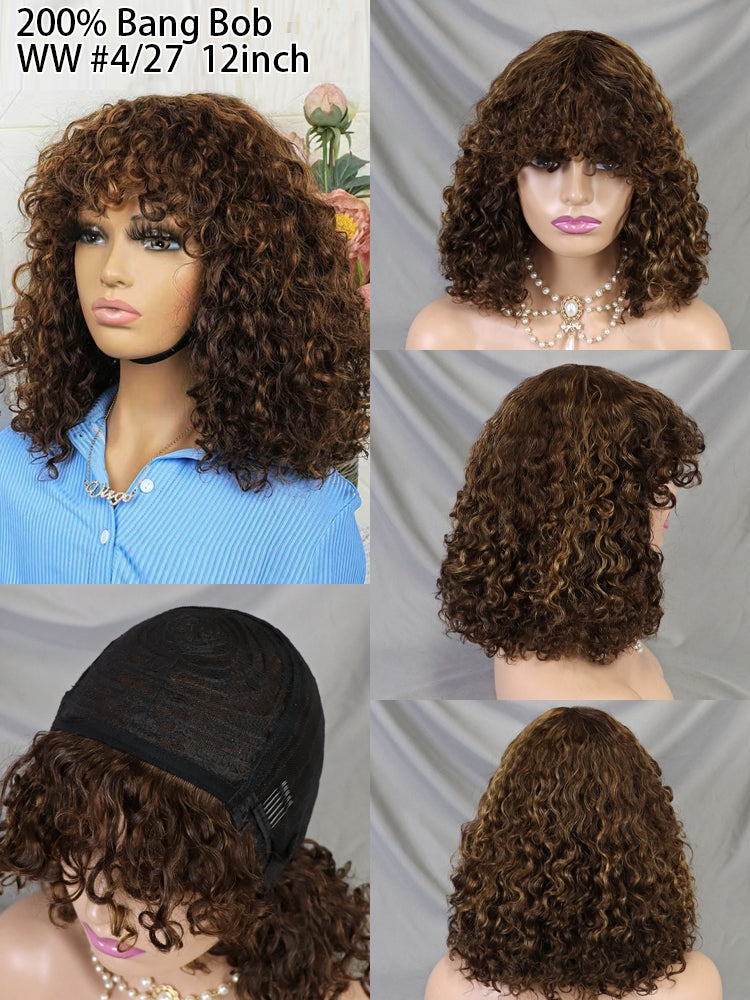 Glueless Short Bob Water Wave Hair Wigs with Bang