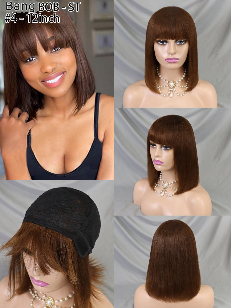 4# Straight Human Hair None Lace Bob with Bang Wig