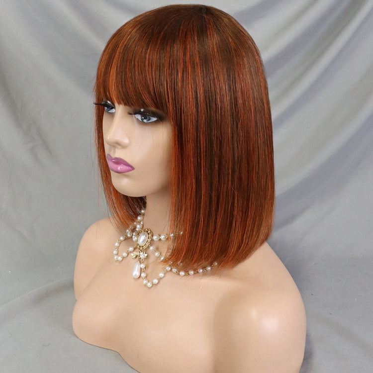 4/350 Straight Human Hair 12 Inch Bang Bob Wig
