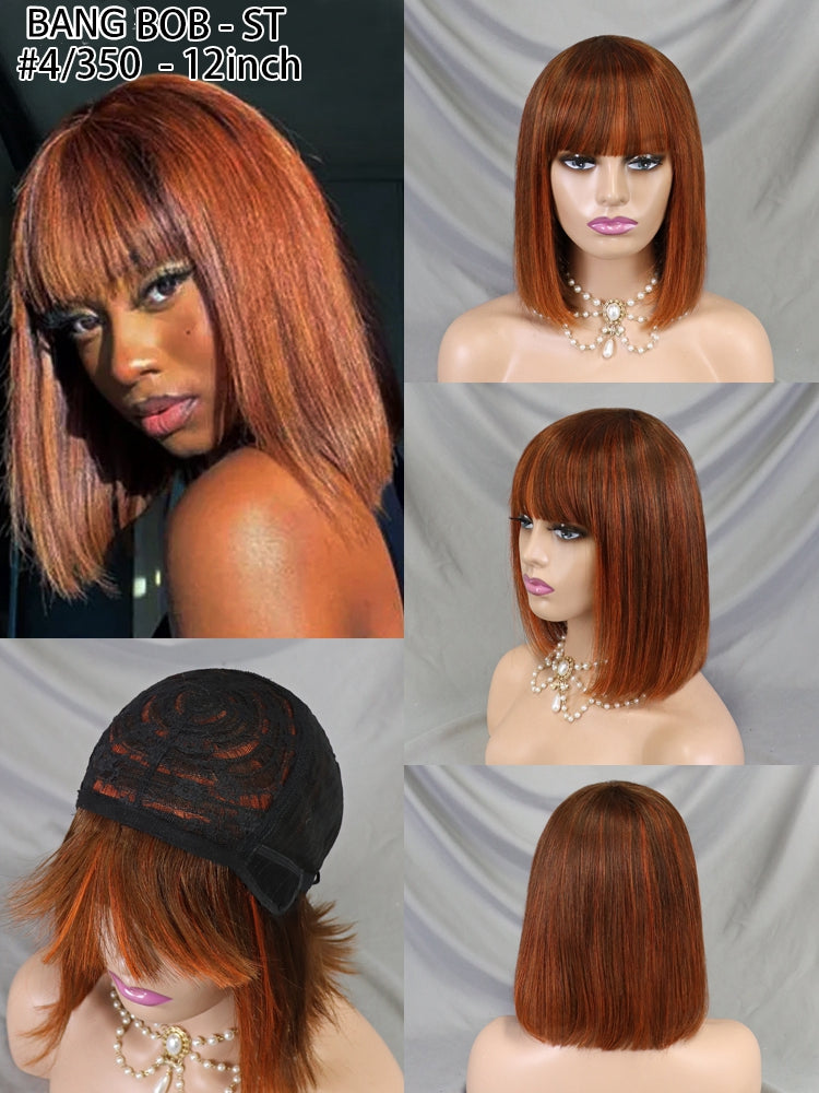 4/350 Straight Human Hair 12 Inch Bang Bob Wig