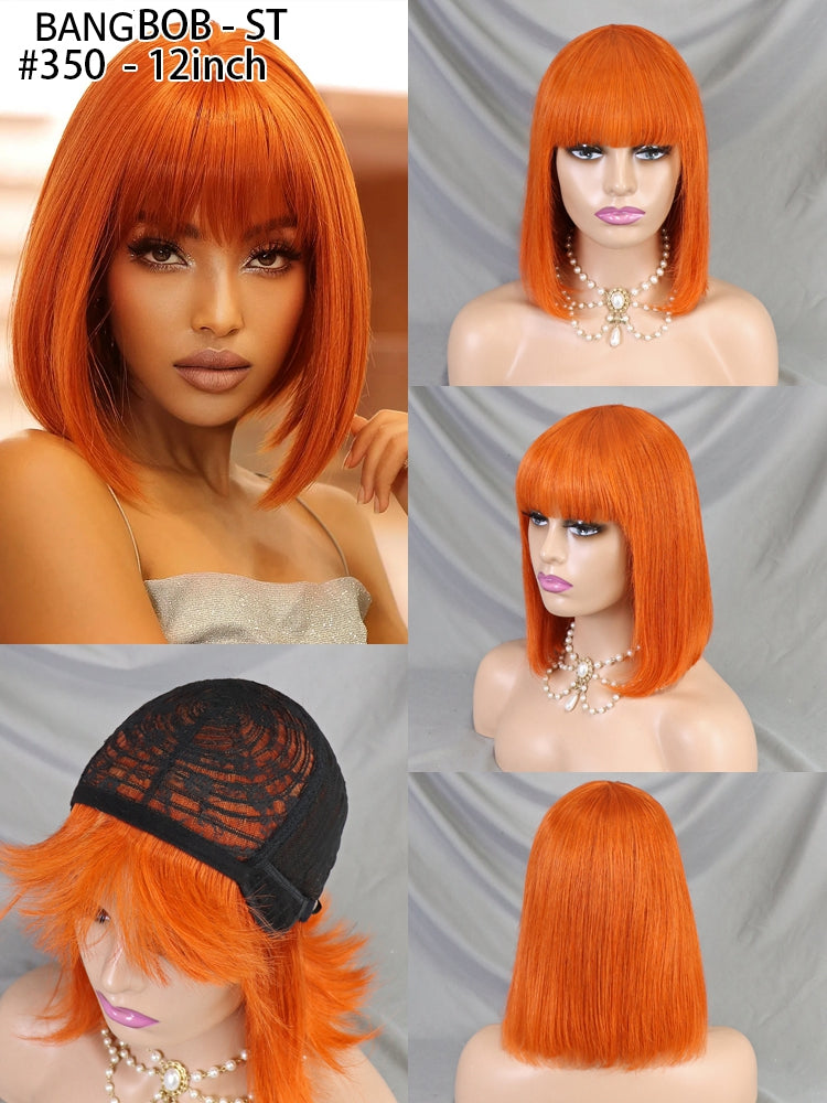 350# 12 Inch Brazilian Straight Human Hair Bang Short Wig