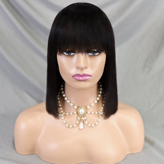 100% Virgin Human Hair 12inch Straight Bob Wigs With Bang