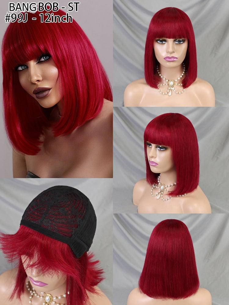 Free Shipping 99J Straight Human Hair Wig Bob with Bang