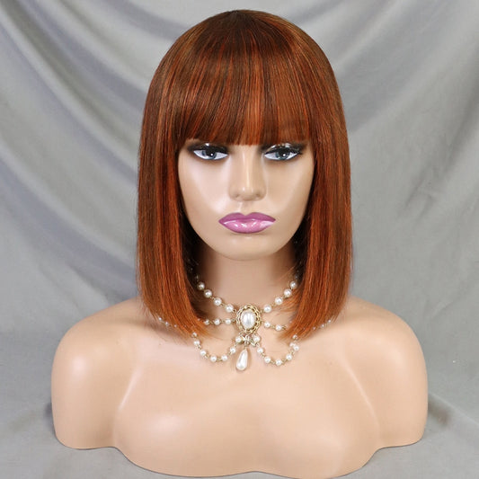 4/350 Straight Human Hair 12 Inch Bang Bob Wig